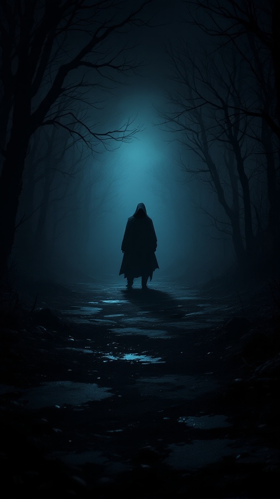 A mysterious cloaked figure standing alone in a dark, foggy forest pathway