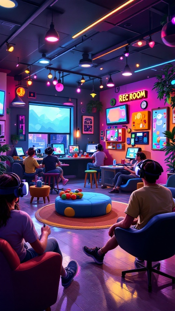 A colorful and vibrant room filled with players using VR headsets and computers, showcasing the social and creative aspects of Rec Room.