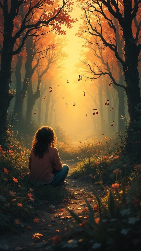 A person sitting on a path surrounded by trees and musical notes, symbolizing the emotional connection in gaming.