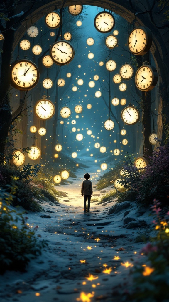 A whimsical forest path filled with floating clocks, symbolizing time manipulation.