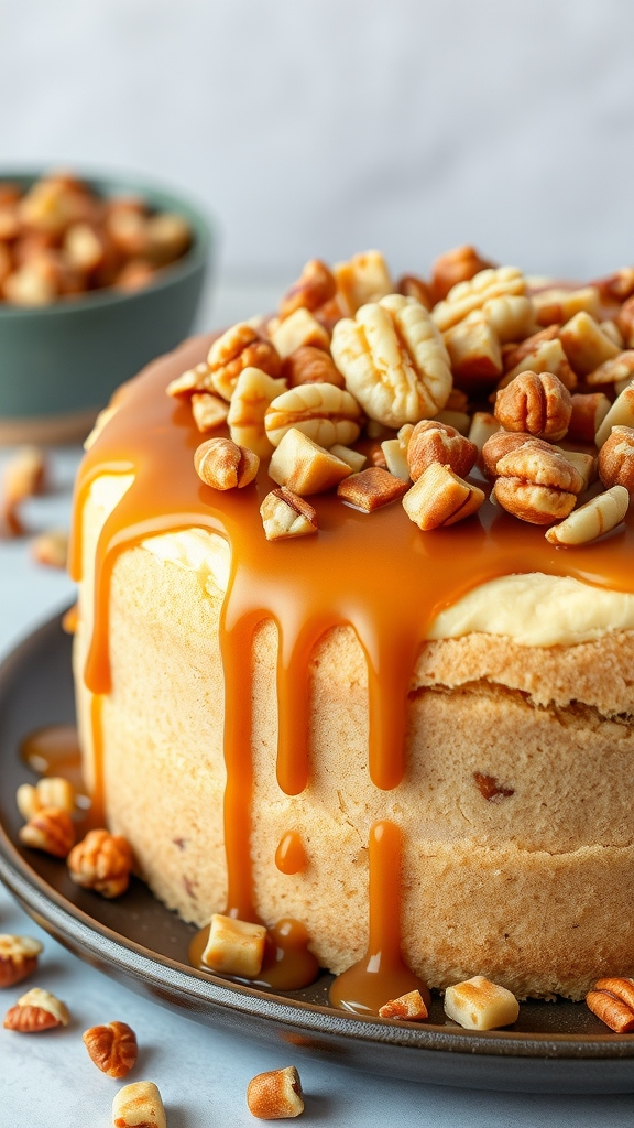 A delicious cake topped with caramel drizzle and assorted nuts.