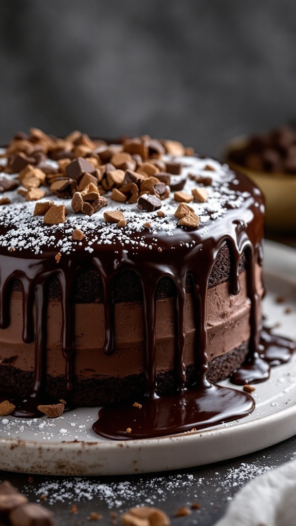 A decadent chocolate ganache glazed cake topped with chocolate pieces and powdered sugar.