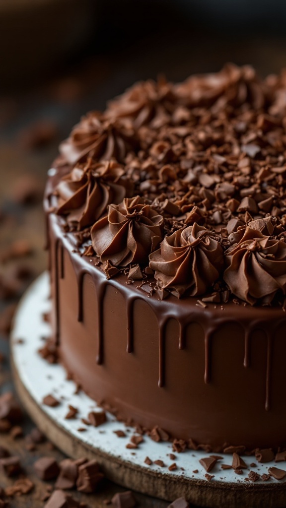 A beautifully decorated chocolate cake topped with chocolate shavings and curls.