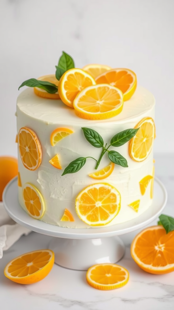 A beautifully decorated cake with slices of orange and green leaves on top.