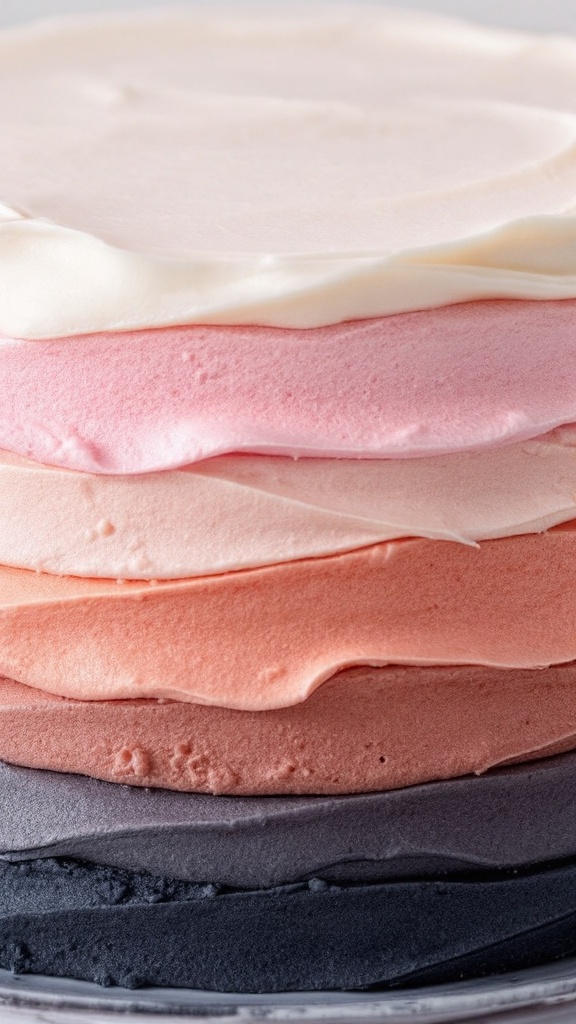Layers of ombre frosting in shades from white to black.