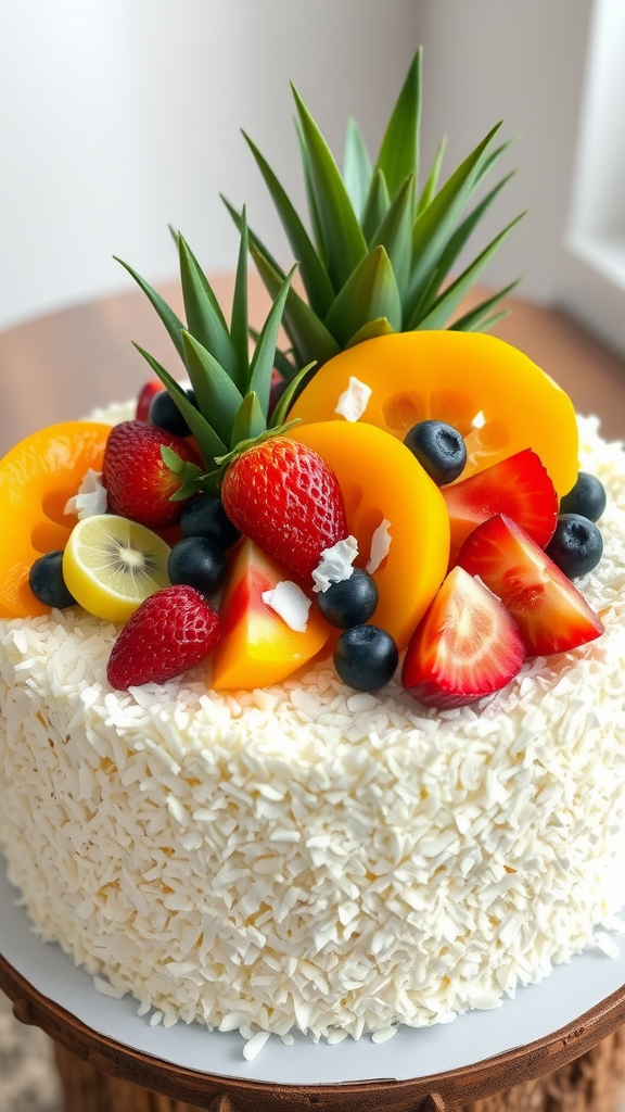 A beautifully decorated cake topped with coconut flakes and an assortment of tropical fruits including strawberries, blueberries, and pineapple.