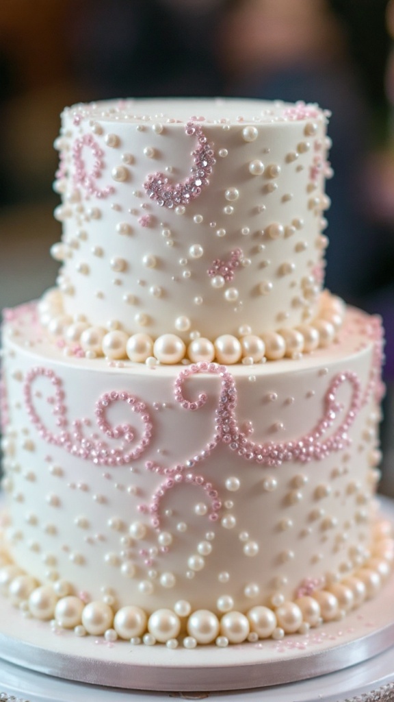 A two-tiered cake decorated with pearls and pink sequins.