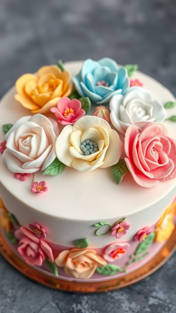 A beautifully decorated cake topped with colorful sugar flowers.