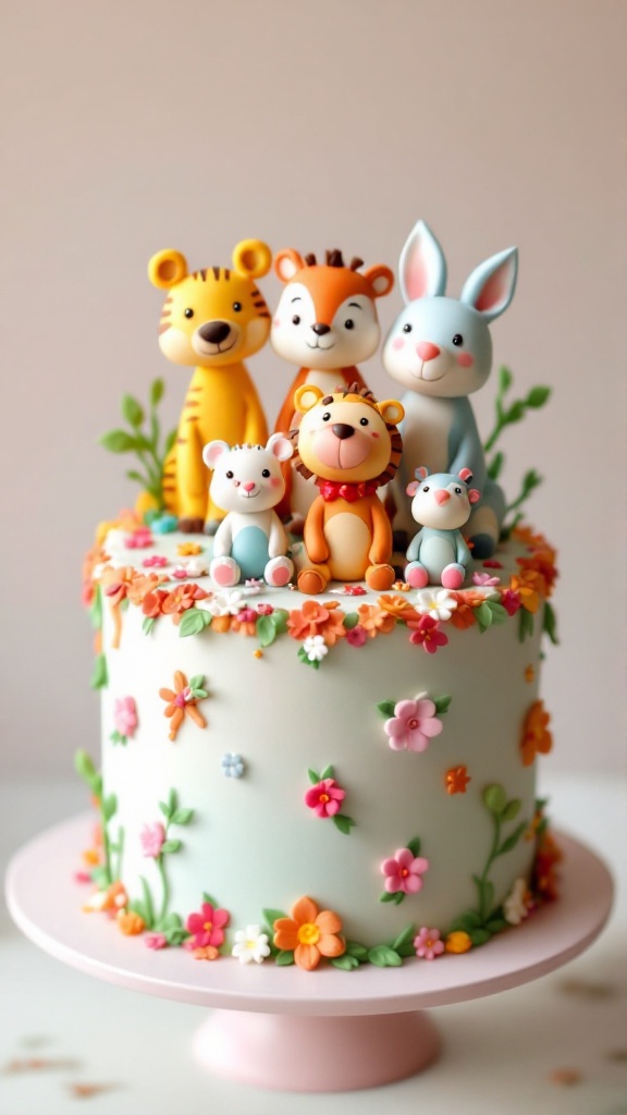 Colorful fondant animal toppers on a cake