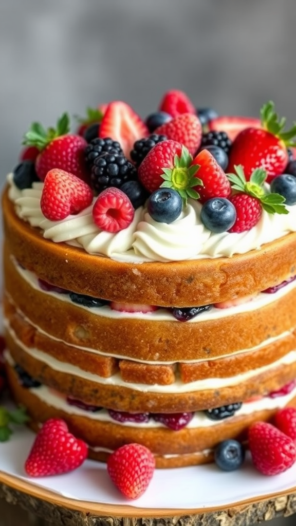 A naked cake topped with fresh strawberries, blueberries, blackberries, and raspberries.