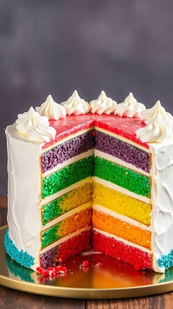 A rainbow layered cake with vibrant colors and decorative frosting.
