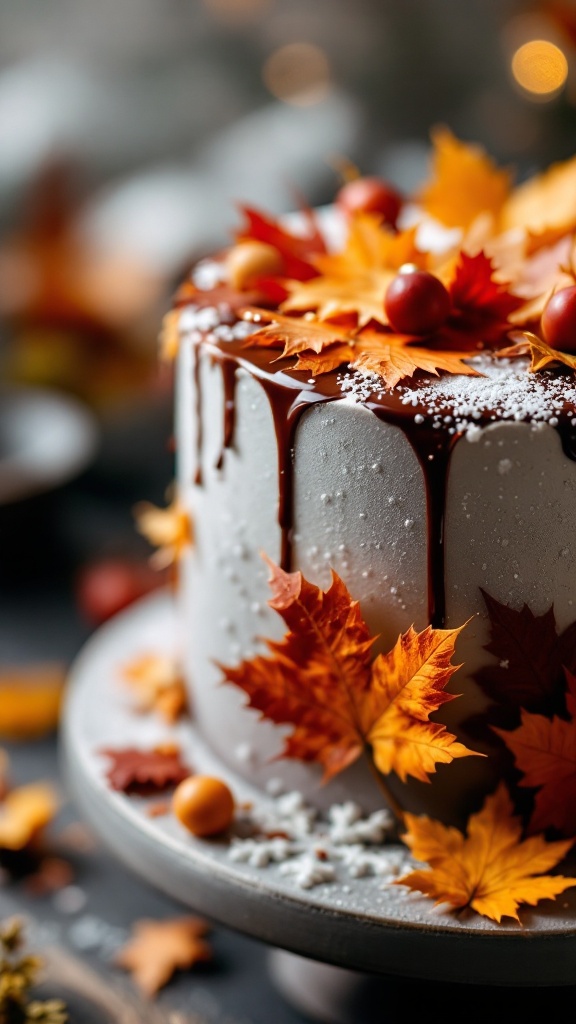 A seasonal themed cake decorated with autumn leaves and chocolate drizzle.