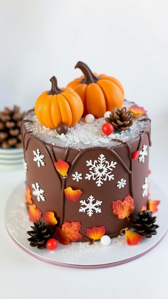 A decorated cake featuring pumpkins, snowflakes, and autumn leaves.