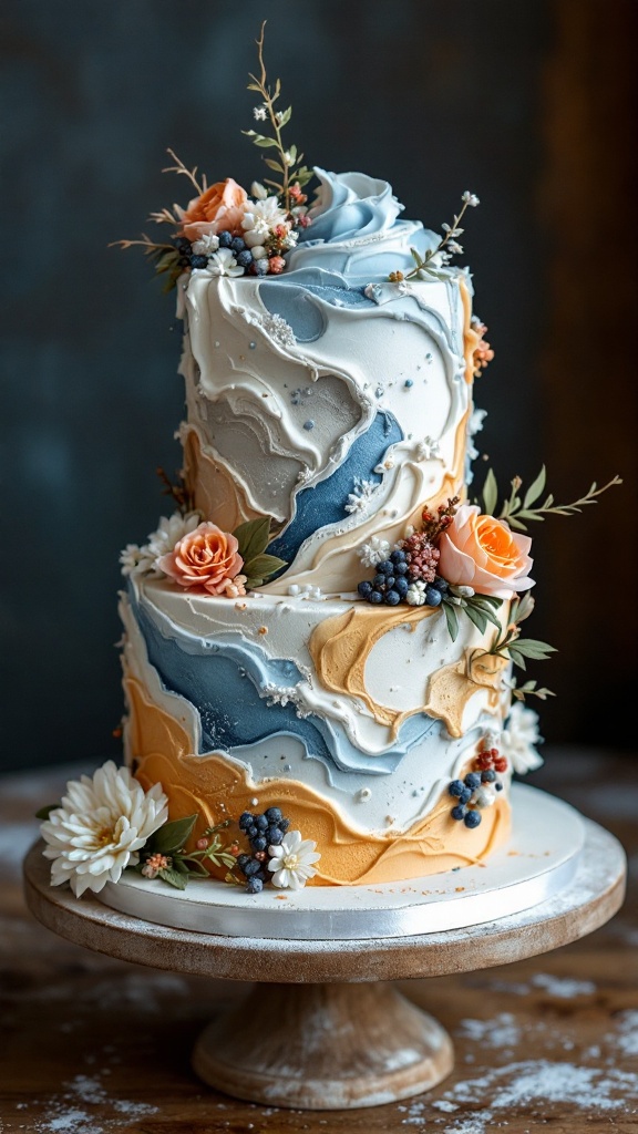 A beautifully decorated cake with textured buttercream in blue, white, and orange colors, adorned with flowers and berries.