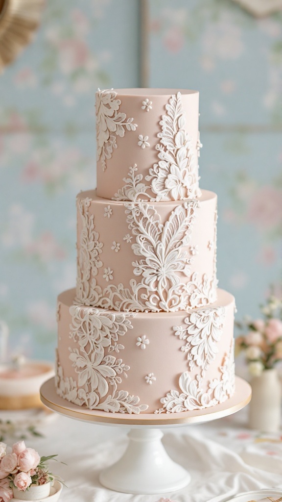 A three-tiered cake with intricate lace designs on a pink background.