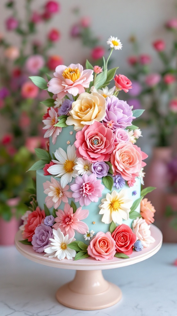 A beautifully decorated cake with colorful buttercream flowers.