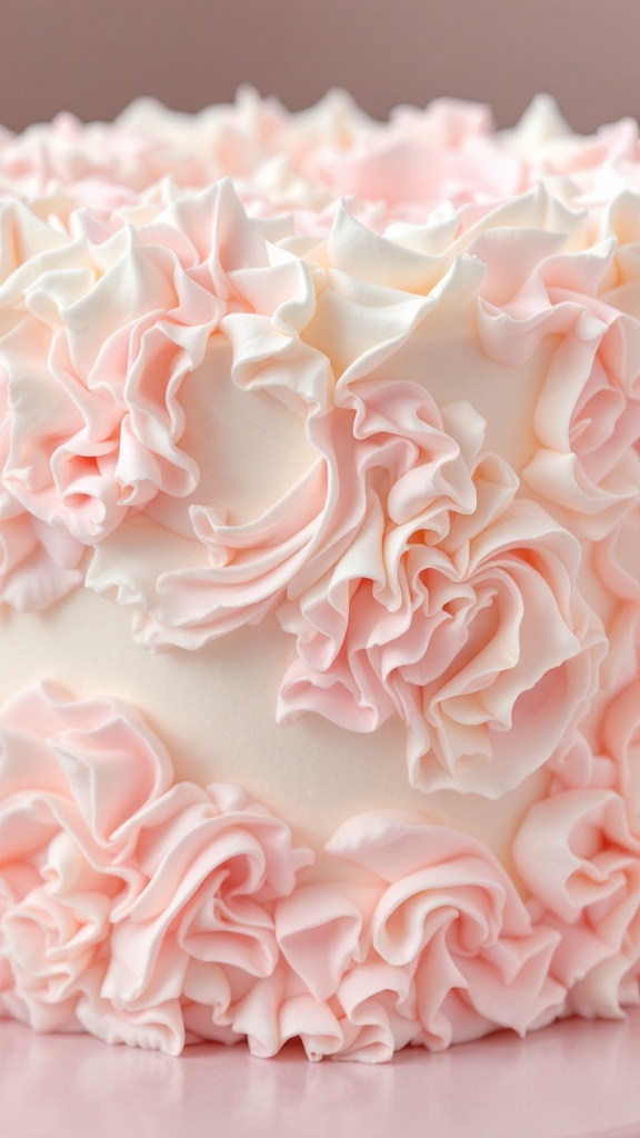 A cake covered in pink and white whipped cream ruffles.