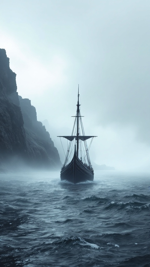 A Viking ship sailing through misty waters, surrounded by rocky cliffs.