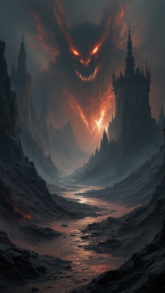 A dark, atmospheric landscape featuring towering castles and an ominous figure with glowing eyes.