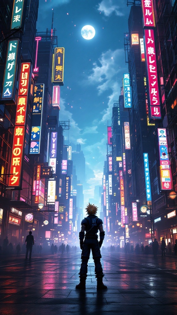 A character stands in a neon-lit urban landscape at night, gazing towards a moonlit sky.