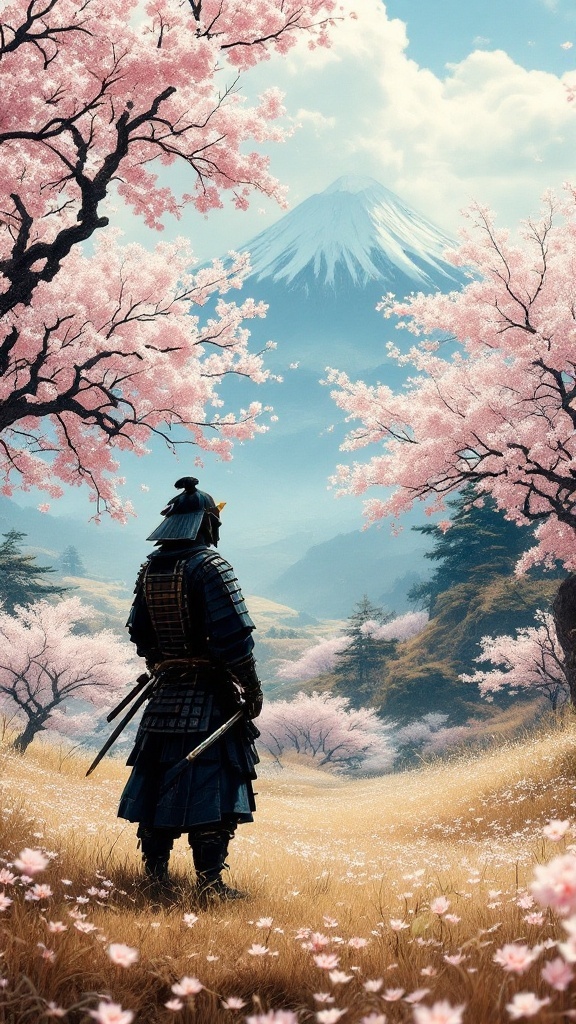 A samurai standing amidst cherry blossoms with a mountain backdrop, representing Ghost of Tsushima.