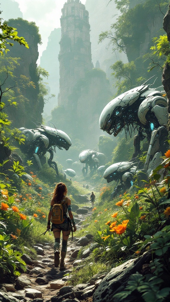 A character walking down a rocky path surrounded by robotic creatures and vibrant flowers in a dystopian landscape.