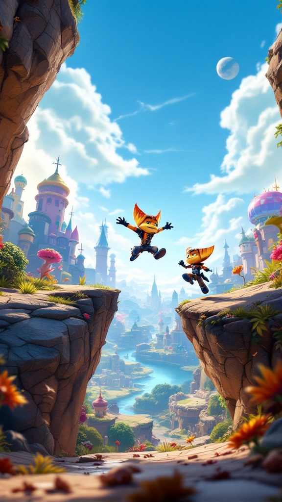 Ratchet and Clank jumping between cliffs in a colorful landscape.