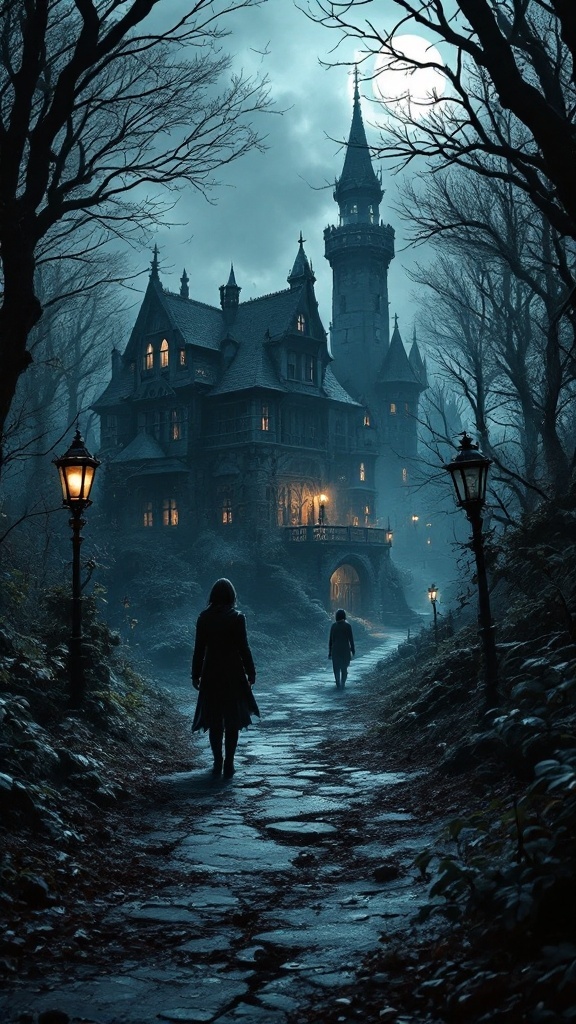 A dark castle on a foggy night with two figures walking towards it.