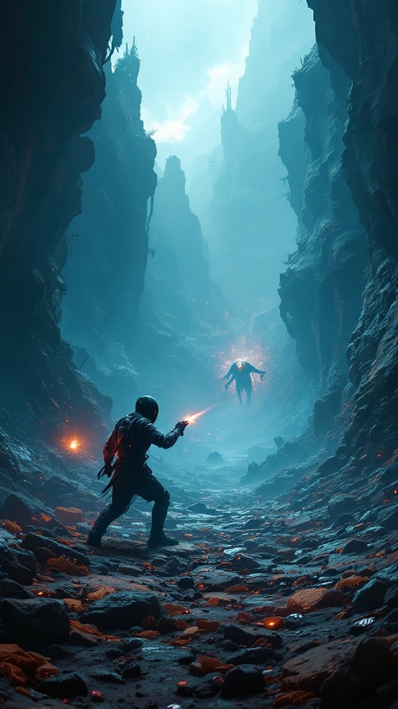 A lone character stands in a misty ravine facing an imposing enemy.