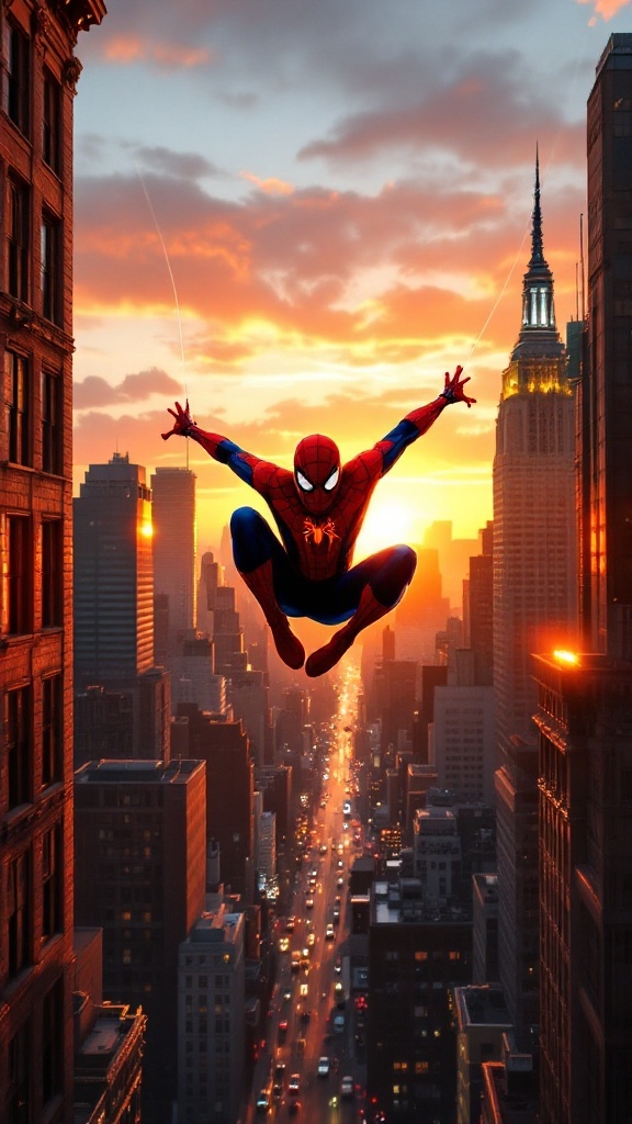 Spider-Man swinging through New York City at sunset