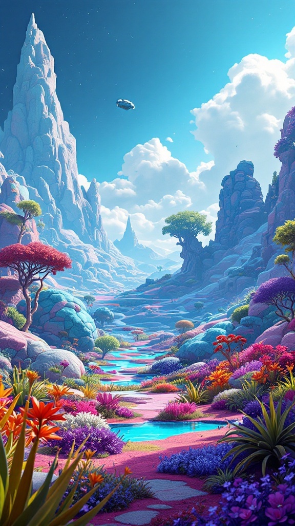 A vibrant alien landscape featuring colorful plants and towering mountains.