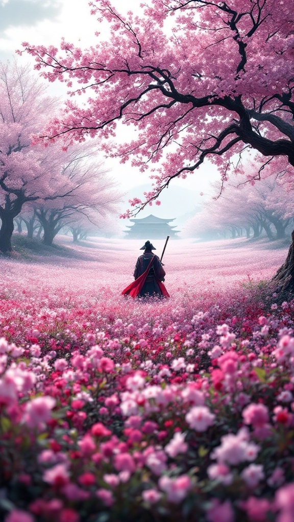 A character in a red cloak standing in a field of pink cherry blossoms, with a distant building behind them.