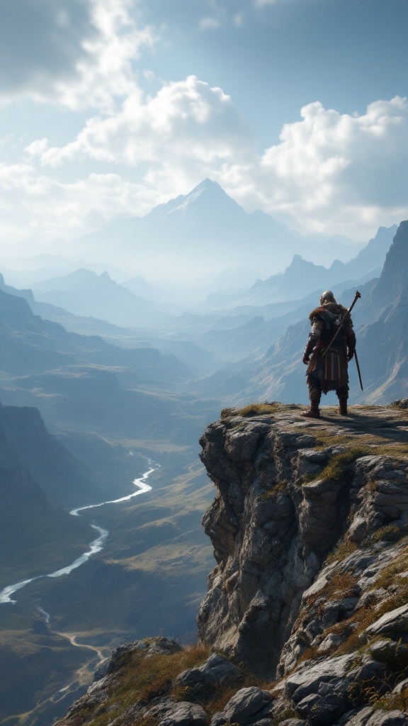 A Viking character standing on a cliff, overlooking a vast landscape with mountains and a winding river.