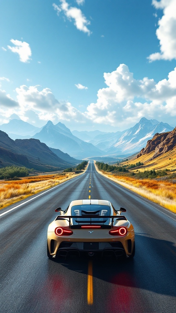 A sleek sports car on an open road surrounded by mountains and clear skies.