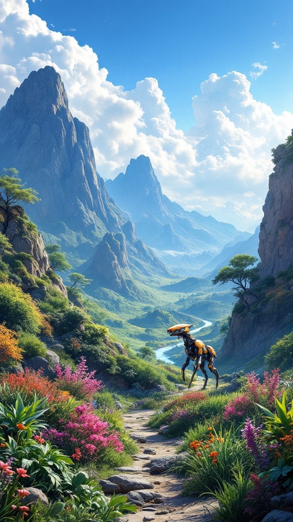 A robotic creature walking through a vibrant valley with mountains and colorful flowers