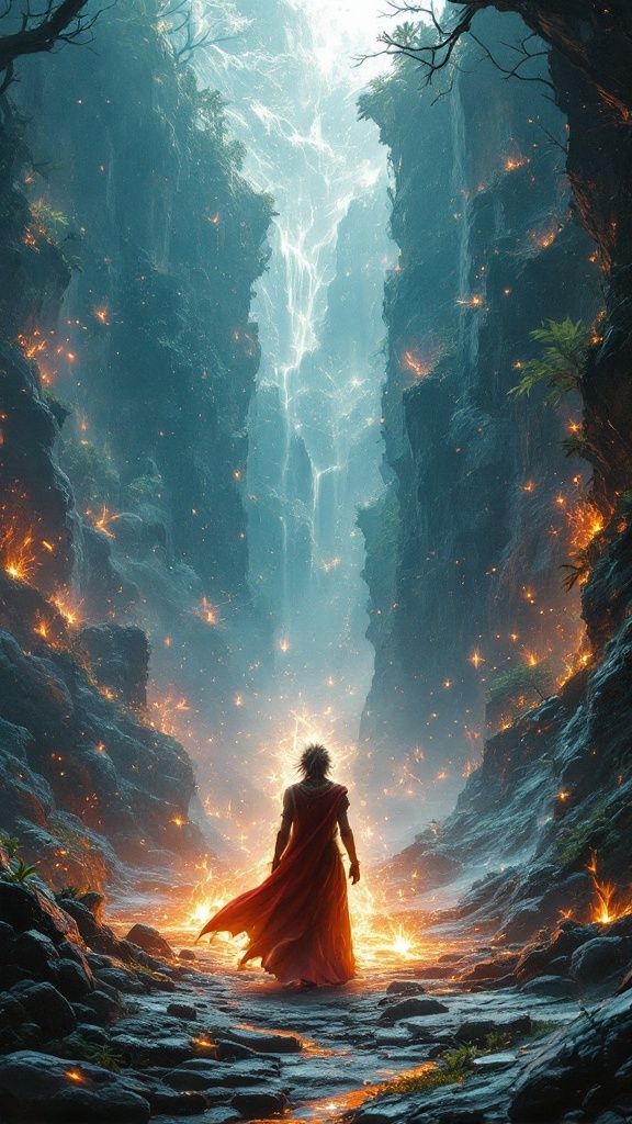 A figure in a red cloak stands at the edge of a rocky chasm, surrounded by light and ethereal elements, symbolizing an adventure in a fantasy world.