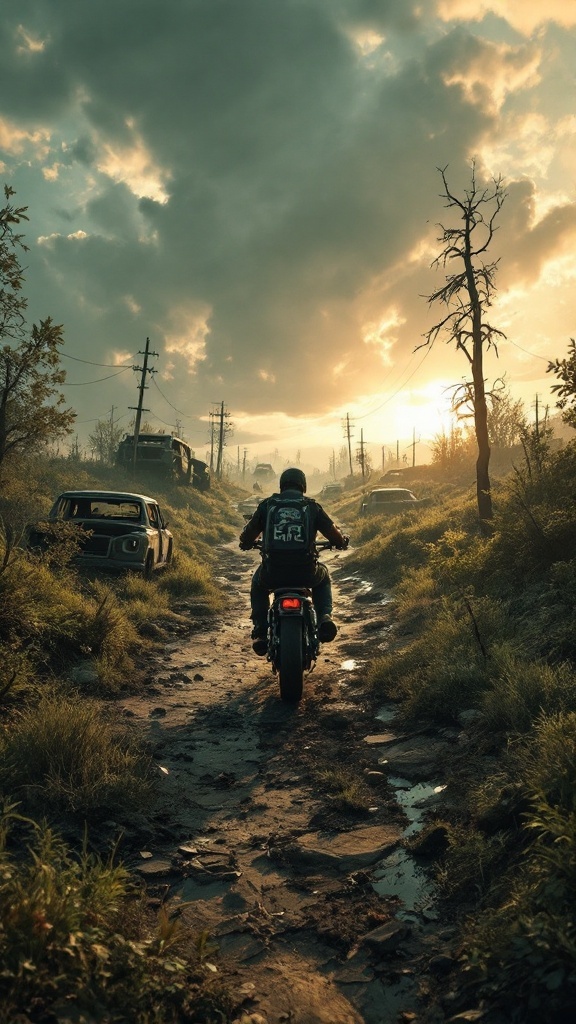 A biker riding down a muddy path in a post-apocalyptic landscape with abandoned cars and a dramatic sky.