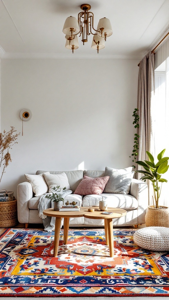 A stylish bohemian living room with a bold patterned rug, a cozy sofa, and natural decor elements.