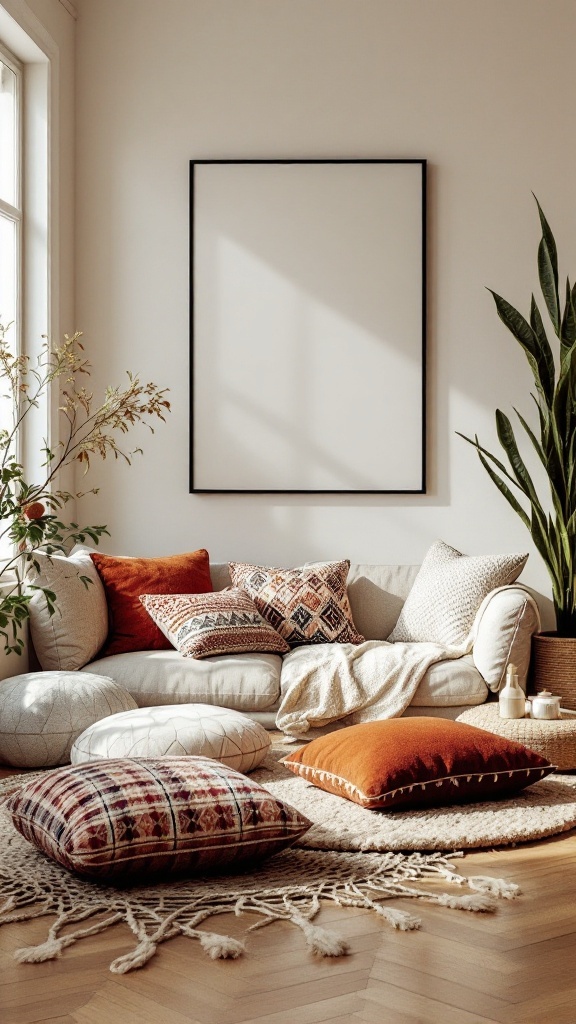 Cozy bohemian living room with floor cushions and plants