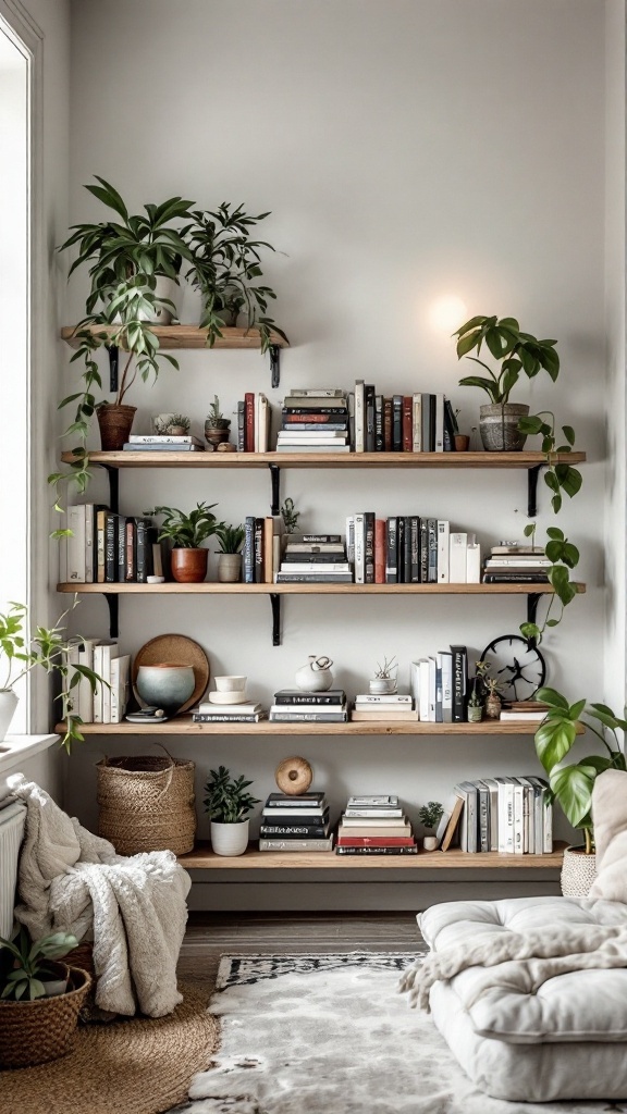 A stylish bohemian living room with wooden shelving filled with books, plants, and decorative items.