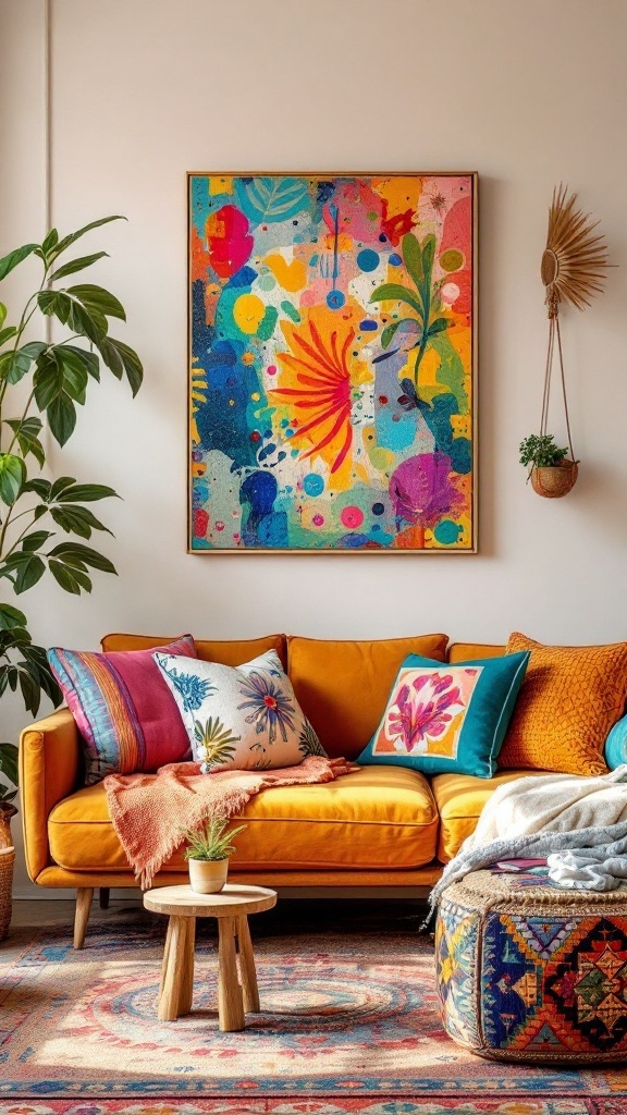A bohemian living room featuring a vibrant yellow sofa with colorful patterned pillows, a lively artwork on the wall, and a cozy atmosphere.