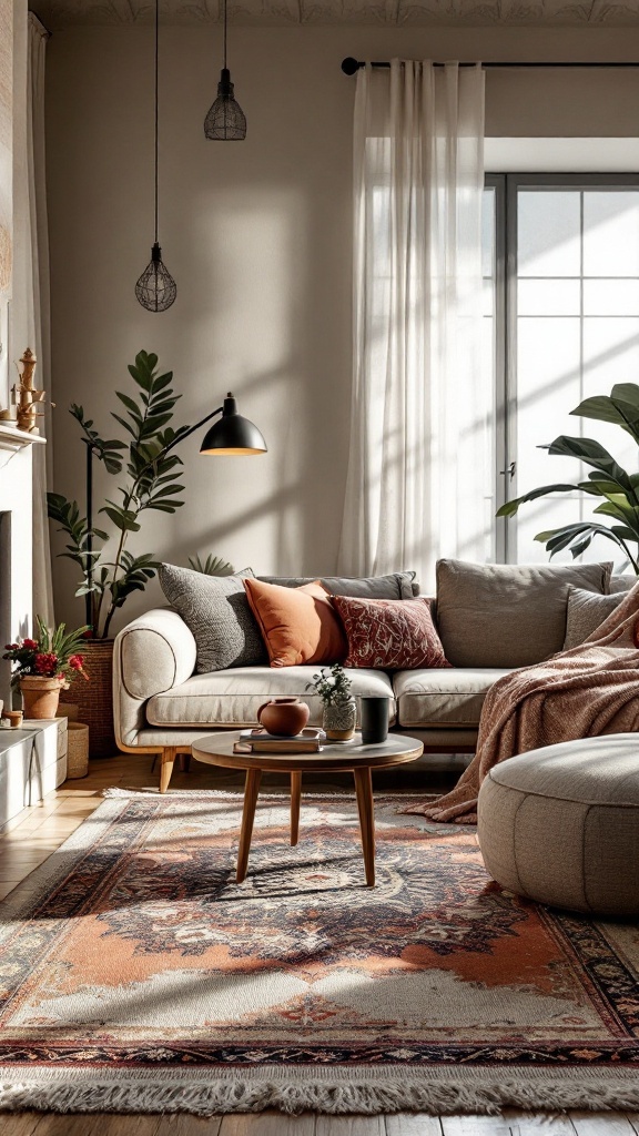 Cozy bohemian living room with plants, colorful pillows, and unique lighting.