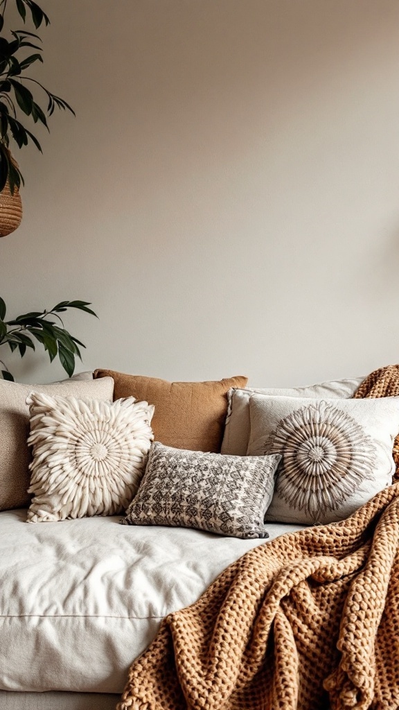 A cozy bohemian living room with textured pillows on a couch