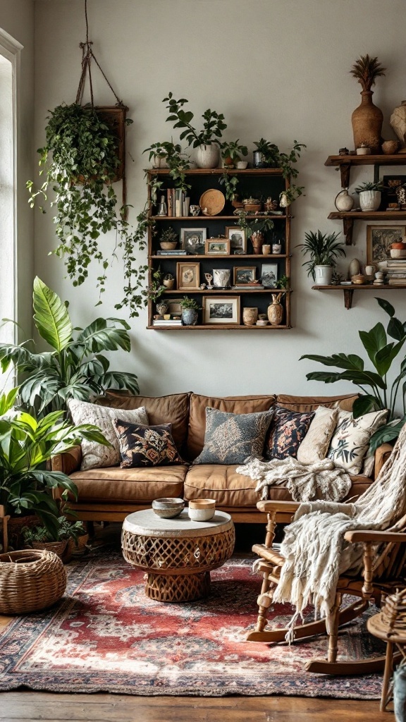 A cozy bohemian living room featuring vintage furniture, a warm sofa, plants, and decorative shelves.
