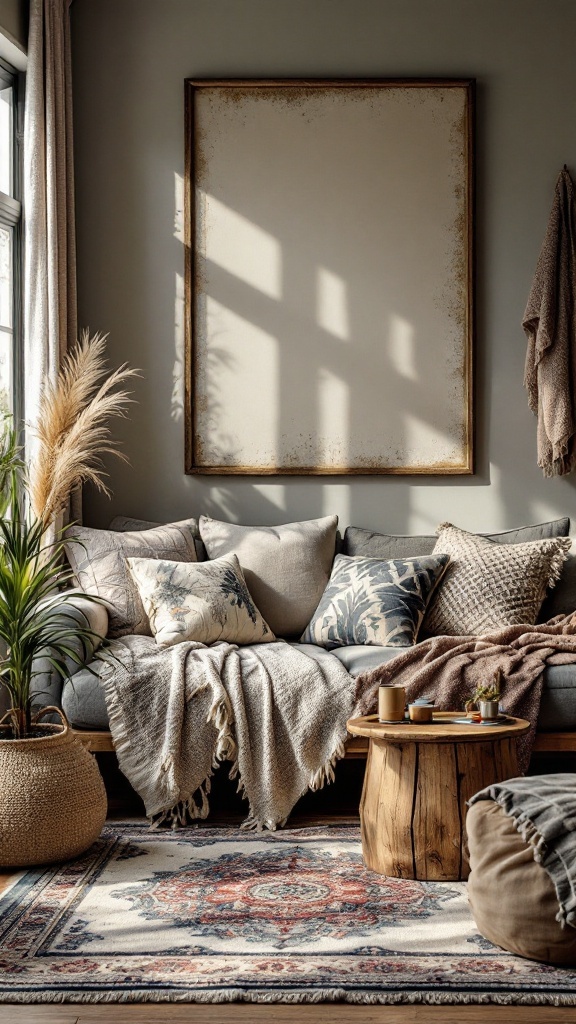 A cozy bohemian living room with a layered textile sofa, patterned cushions, a wooden table, and a decorative rug.