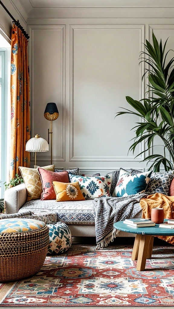 Bohemian living room featuring a cozy sofa with layered pillows, a patterned rug, and colorful decor elements.