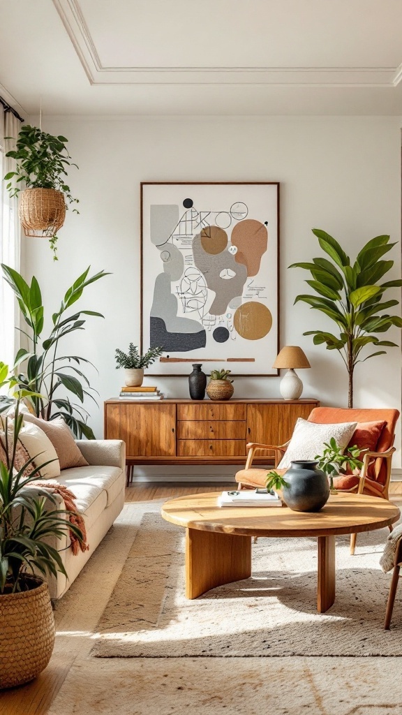 A cozy living room featuring mid-century modern furniture, plants, and abstract wall art.