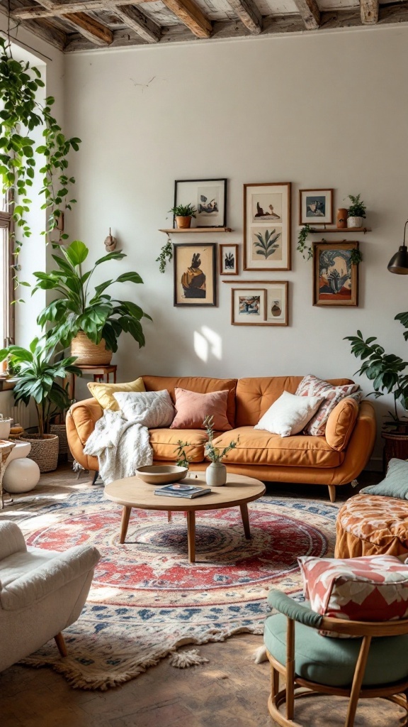 A cozy bohemian living room with a mix of furniture styles, featuring an orange couch, cream armchair, and round coffee table, surrounded by plants and framed art.