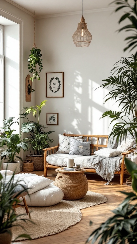 A cozy bohemian living room filled with plants and natural elements.