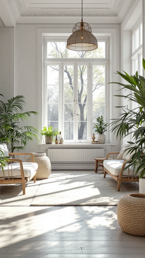 Bright bohemian living room with large windows, plants, and natural light.